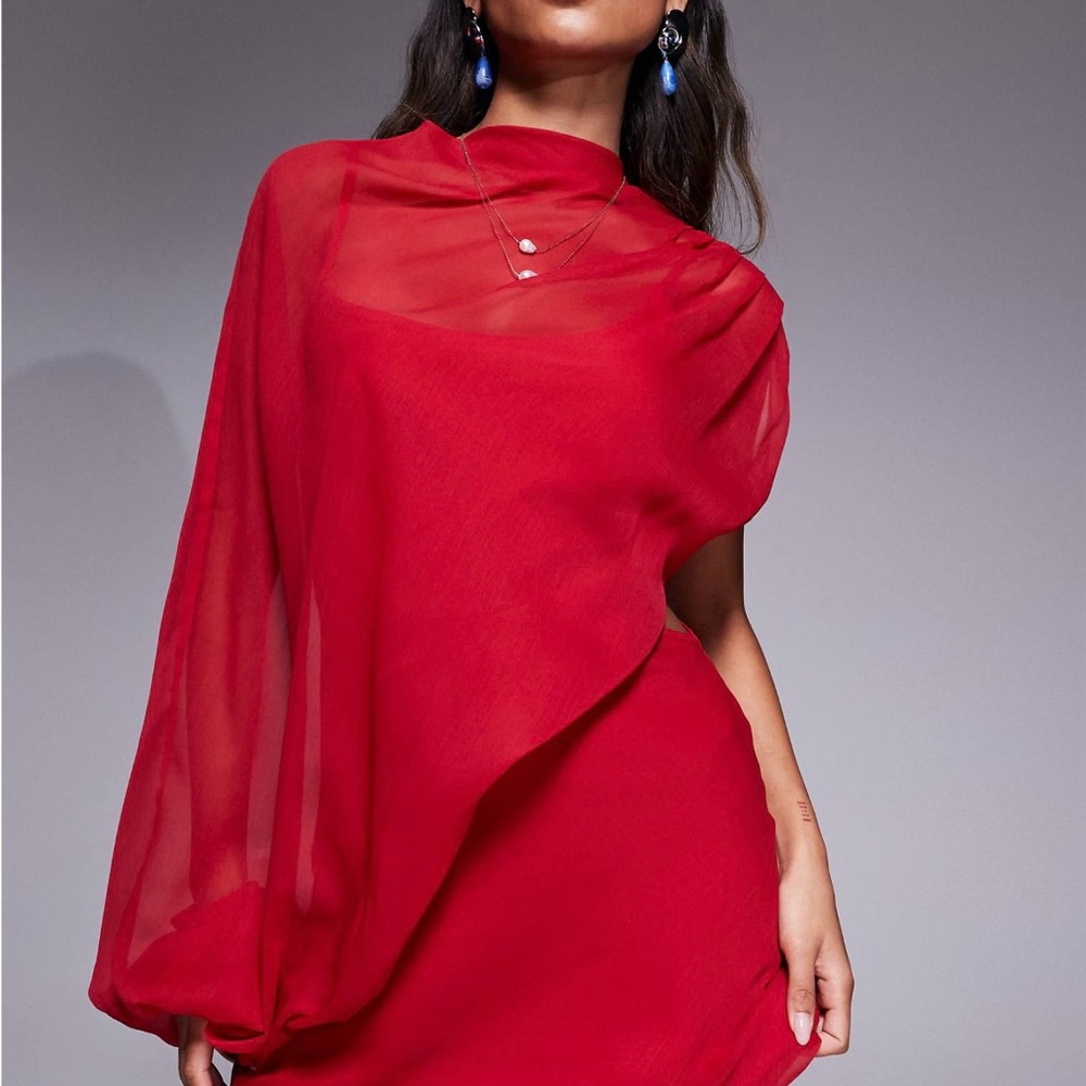 High Neck Elegant Red Chiffon Dress ASOS DESIGN NWT
